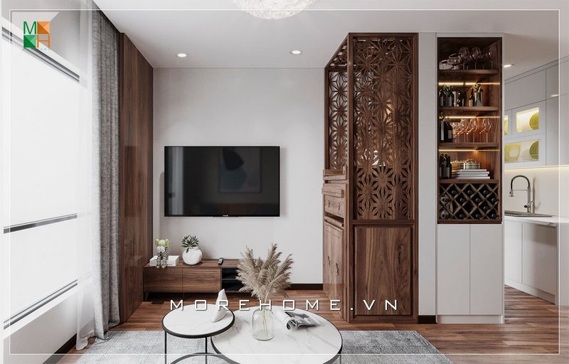 Mẫu kệ tivi gỗ tự nhiên của chúng ta đơn giản nhưng vẫn tinh tế và tiện nghi, giúp căn phòng khách chung cư trở nên sang trọng hơn.