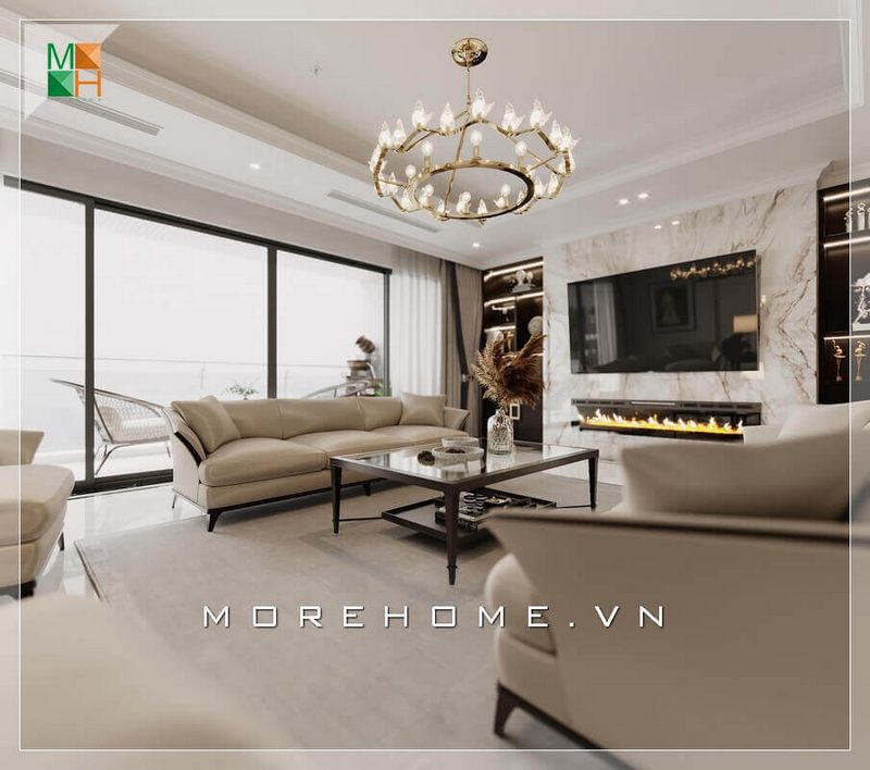 Thiết kế nội thất cho các không gian phòng khách biệt thự, chung cư, nhà phố rộng bao gồm vách tường nhà bằng kính cường lực trong suốt lớn giúp tạo ra cảm giác thoáng đãng và thông thoáng cho không gian.